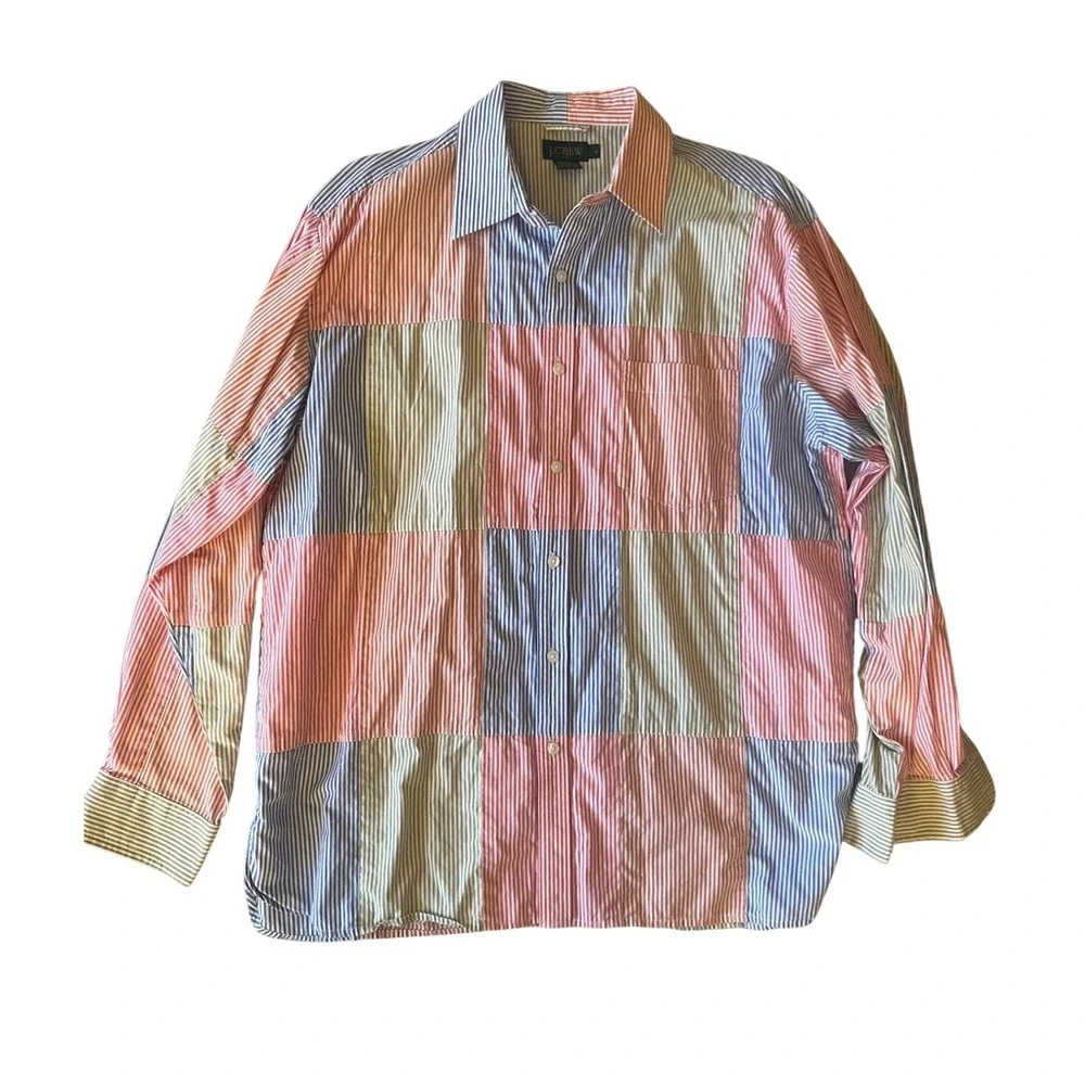 Vintage 90s J. Crew Men's Patchwork Striped Button Down Shirt Oversized- Size‎ L
